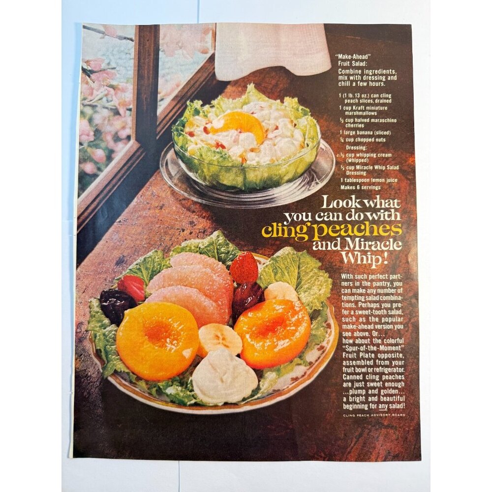 Vintage 1961 Cling Peaches and Miracle Whip Recipe Advertisement Print Ad